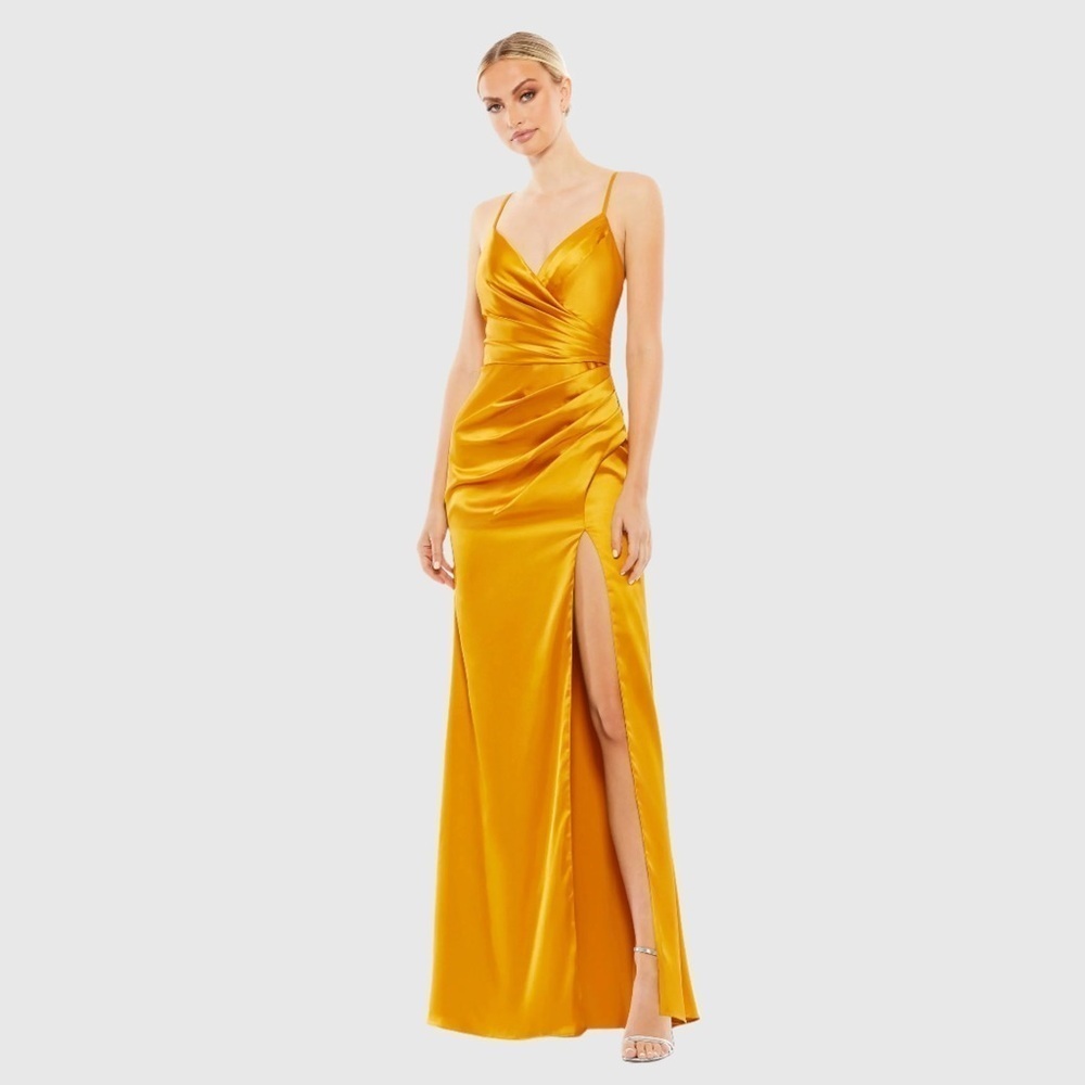 Mac Duggal 26585 NWT Satin Sleeveless Faux Wrap Ruched Gown